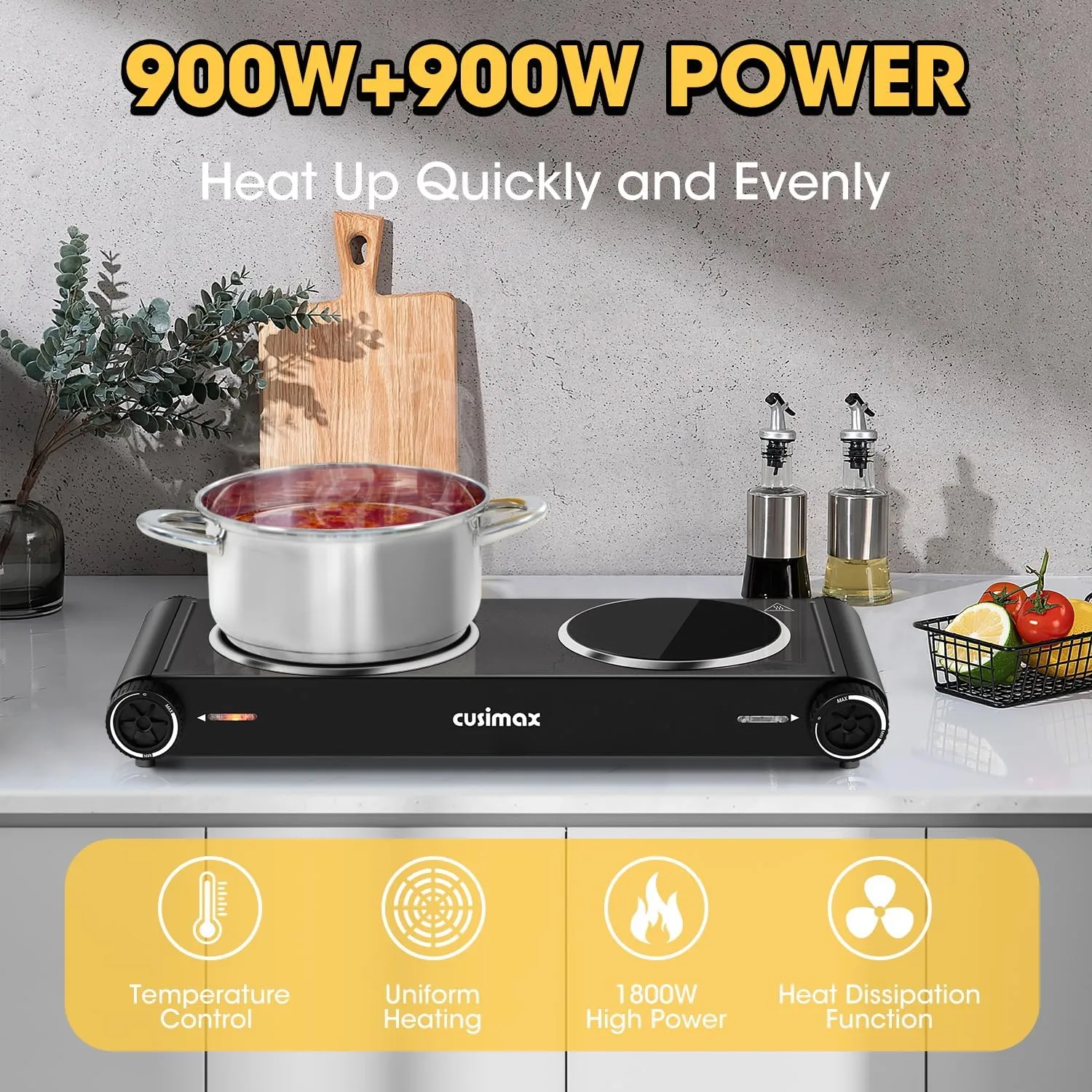 CUSIMAX Hot Plate,Portable Electric Stove Top Burner,1800W Double Infrared Cooktop For Ceramic Glass,Temperature Control,Black Stainless Steel