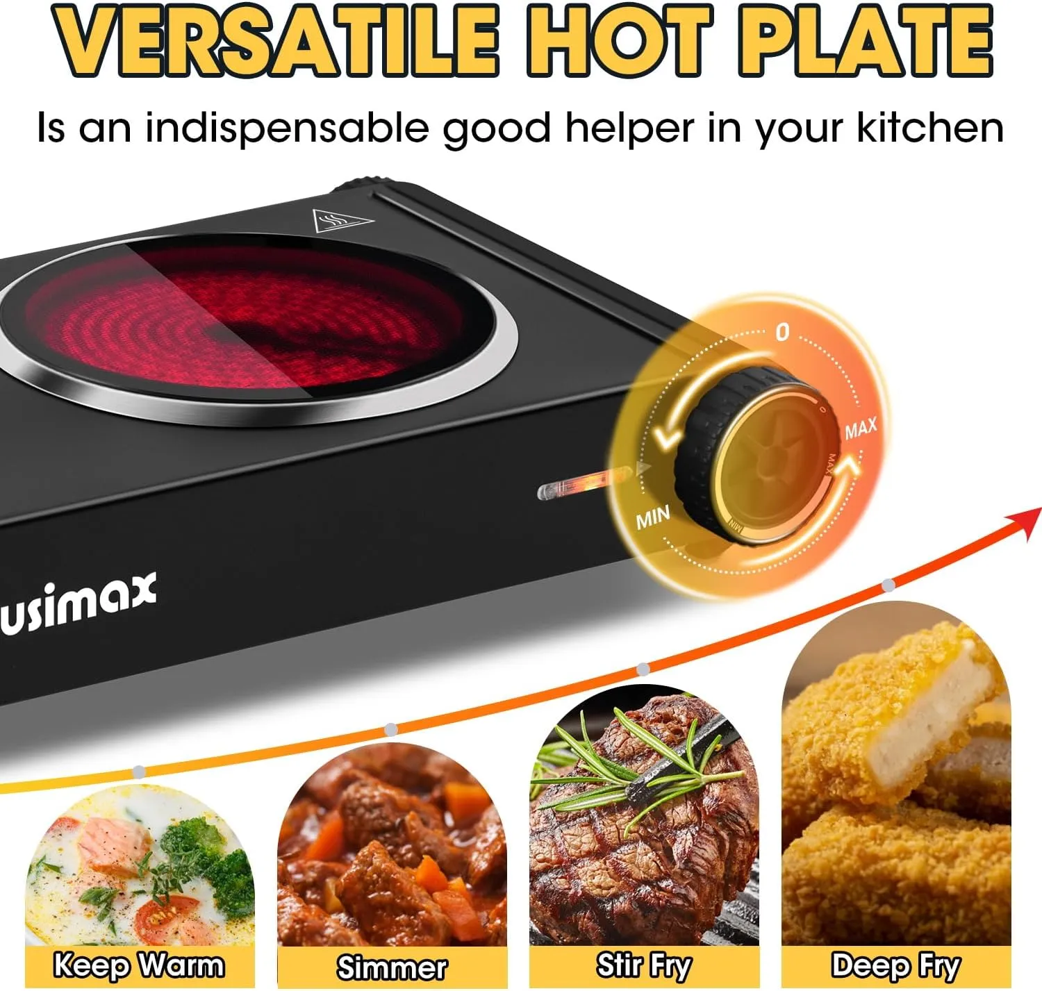 CUSIMAX Hot Plate,Portable Electric Stove Top Burner,1800W Double Infrared Cooktop For Ceramic Glass,Temperature Control,Black Stainless Steel