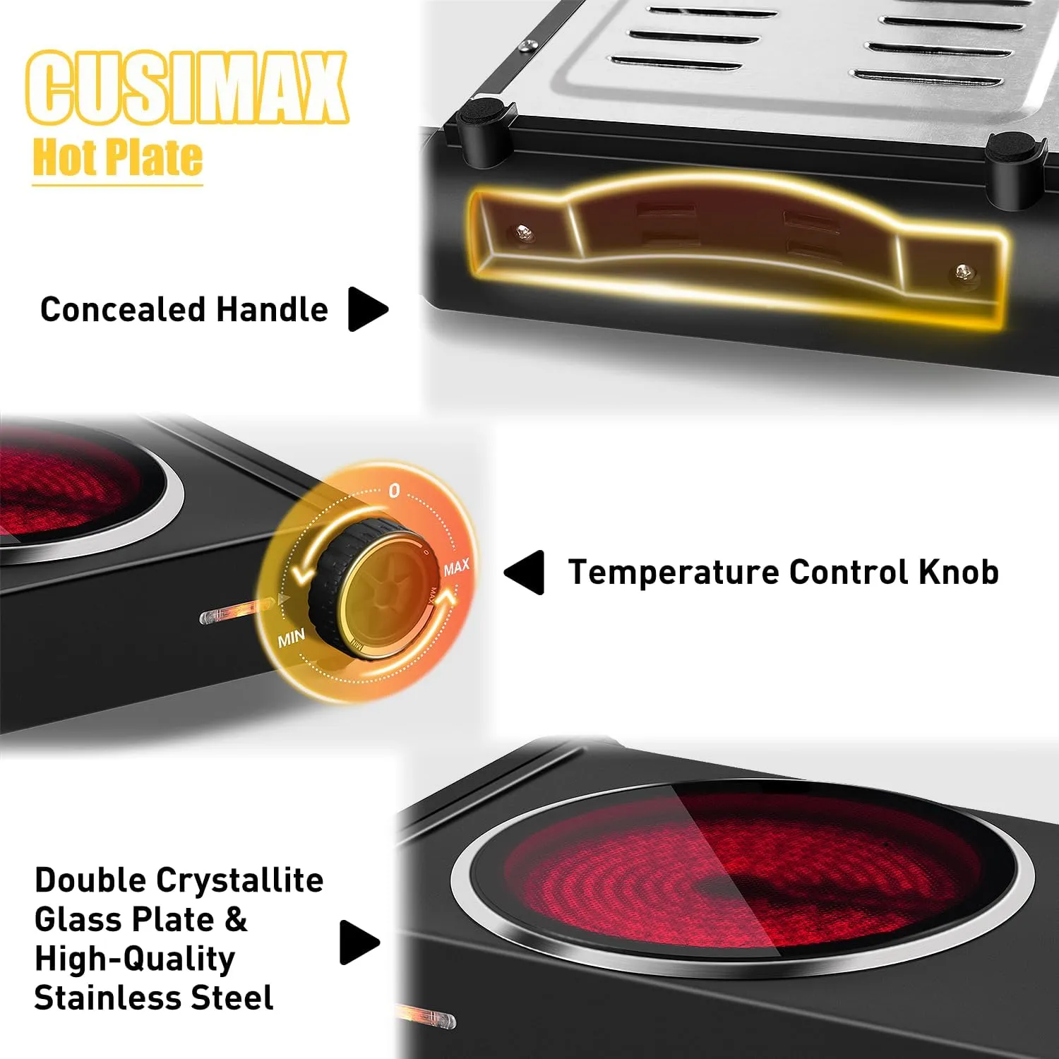CUSIMAX Hot Plate,Portable Electric Stove Top Burner,1800W Double Infrared Cooktop For Ceramic Glass,Temperature Control,Black Stainless Steel