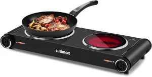 CUSIMAX Hot Plate,Portable Electric Stove Top Burner,1800W Double Infrared Cooktop For Ceramic Glass,Temperature Control,Black Stainless Steel