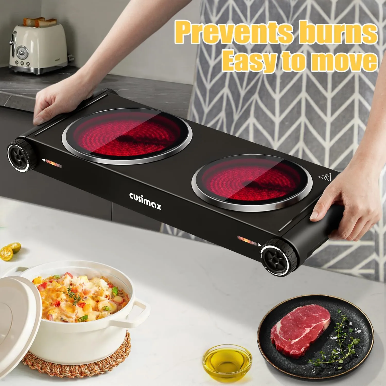CUSIMAX Hot Plate,Portable Electric Stove Top Burner,1800W Double Infrared Cooktop For Ceramic Glass,Temperature Control,Black Stainless Steel