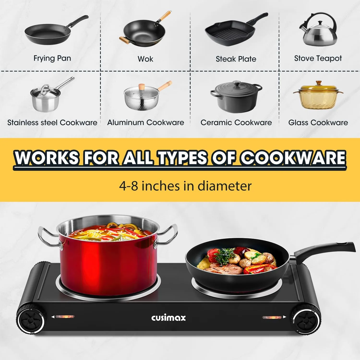 CUSIMAX Hot Plate,Portable Electric Stove Top Burner,1800W Double Infrared Cooktop For Ceramic Glass,Temperature Control,Black Stainless Steel