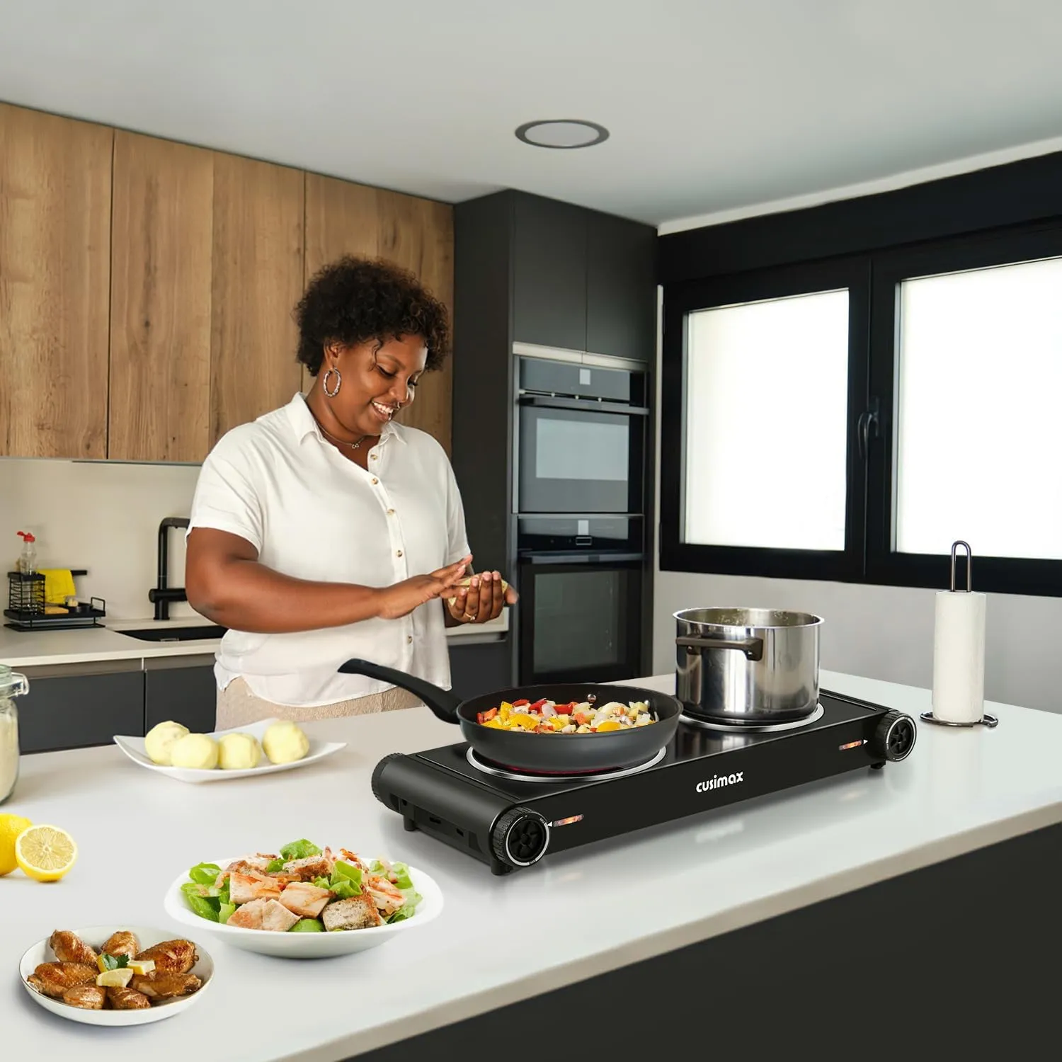 CUSIMAX Hot Plate,Portable Electric Stove Top Burner,1800W Double Infrared Cooktop For Ceramic Glass,Temperature Control,Black Stainless Steel