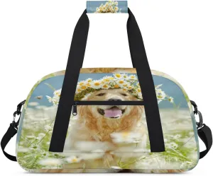 Cute Dog Gym Duffel Bag for Men Women Daisy Wreath Sports Tote Bag with Adjustable Shoulder Strap for Dance Gymnastics Traveling Outdoor Camping Overnight Stay
