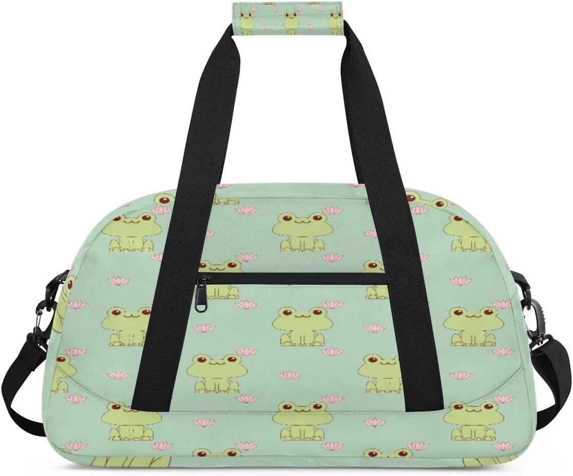 Cute Frog Gym Duffel Bag for Men Women Lotus Flower Sports Tote Bag with Adjustable Shoulder Strap for Dance Gymnastics Traveling Outdoor Camping Overnight Stay