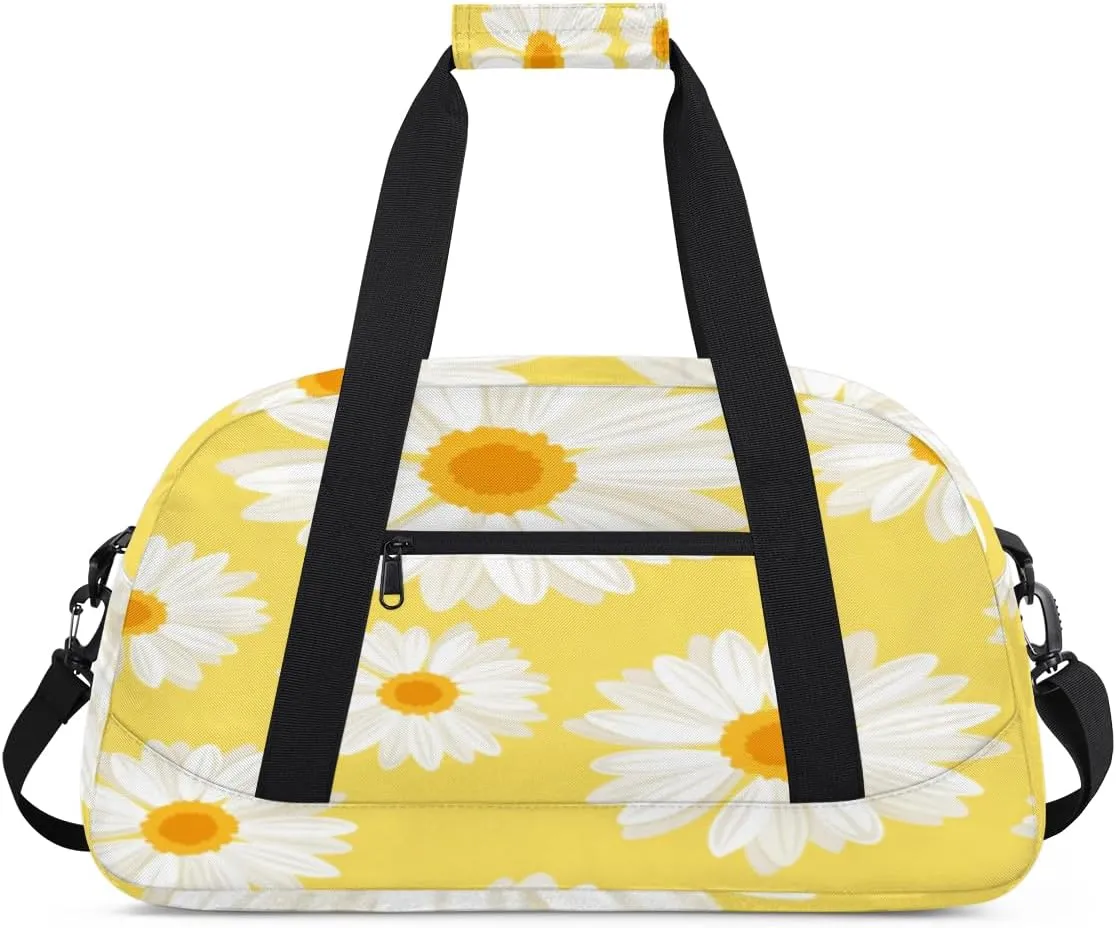 Daisy Gym Duffel Bag for Men Women Yellow Background Sports Tote Bag with Adjustable Shoulder Strap for Dance Gymnastics Traveling Outdoor Camping Overnight Stay