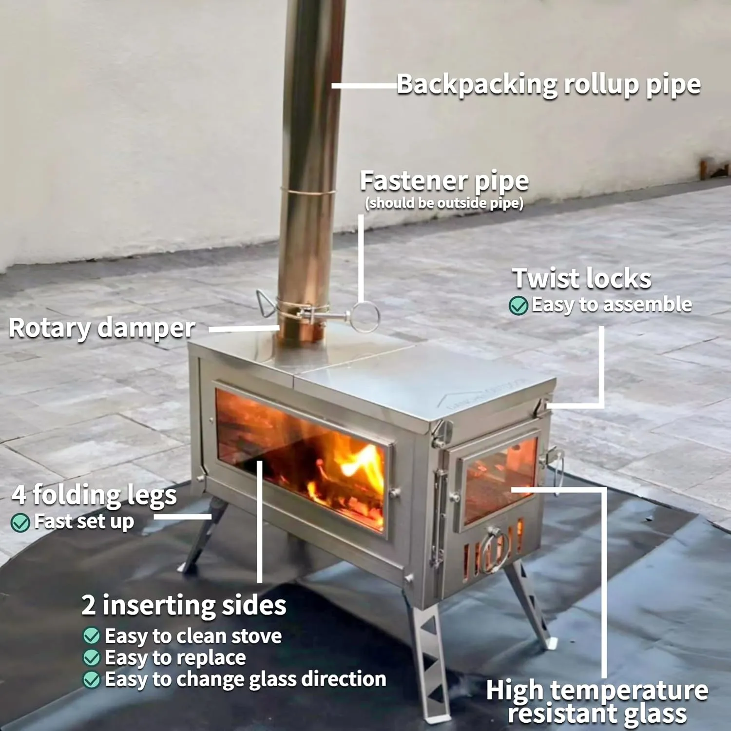 DANCHEL OUTDOOR HS6 Hot Tent Camping Wood Stove Secondary Combustion Design, 304 Stainless Steel Folding Tent Stove with 8.2ft/2.5M Chimney Pipe