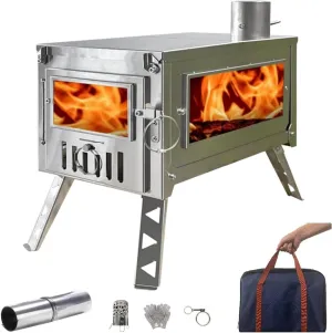 DANCHEL OUTDOOR HS6 Hot Tent Camping Wood Stove Secondary Combustion Design, 304 Stainless Steel Folding Tent Stove with 8.2ft/2.5M Chimney Pipe
