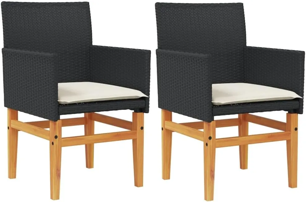 Dinning Chairs Camping Chair Lawn Chairs Kitchen Chairs - Patio Chairs with Cushions 2 pcs Black Poly Rattan&Solid Wood for Terrace Garden Outside Beaches
