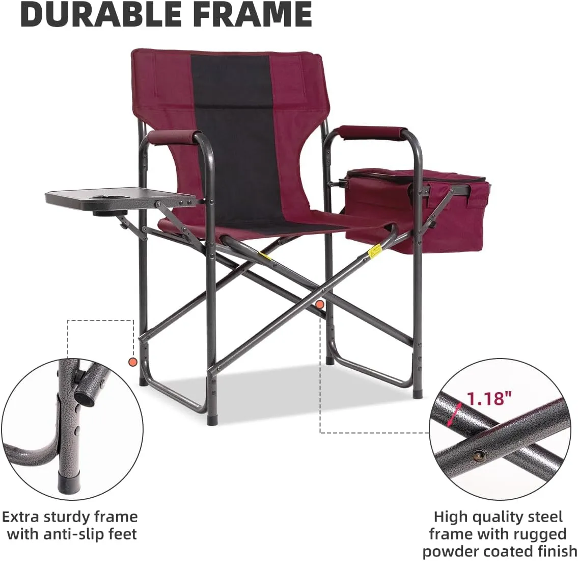 Director Camping Chair with Cooler Bag & Foldable Side Tray - 400lbs Heavy Duty Outdoor Folding Lawn Chair, Portable Camp Chair for Backyard, Fishing, Beach (Red)