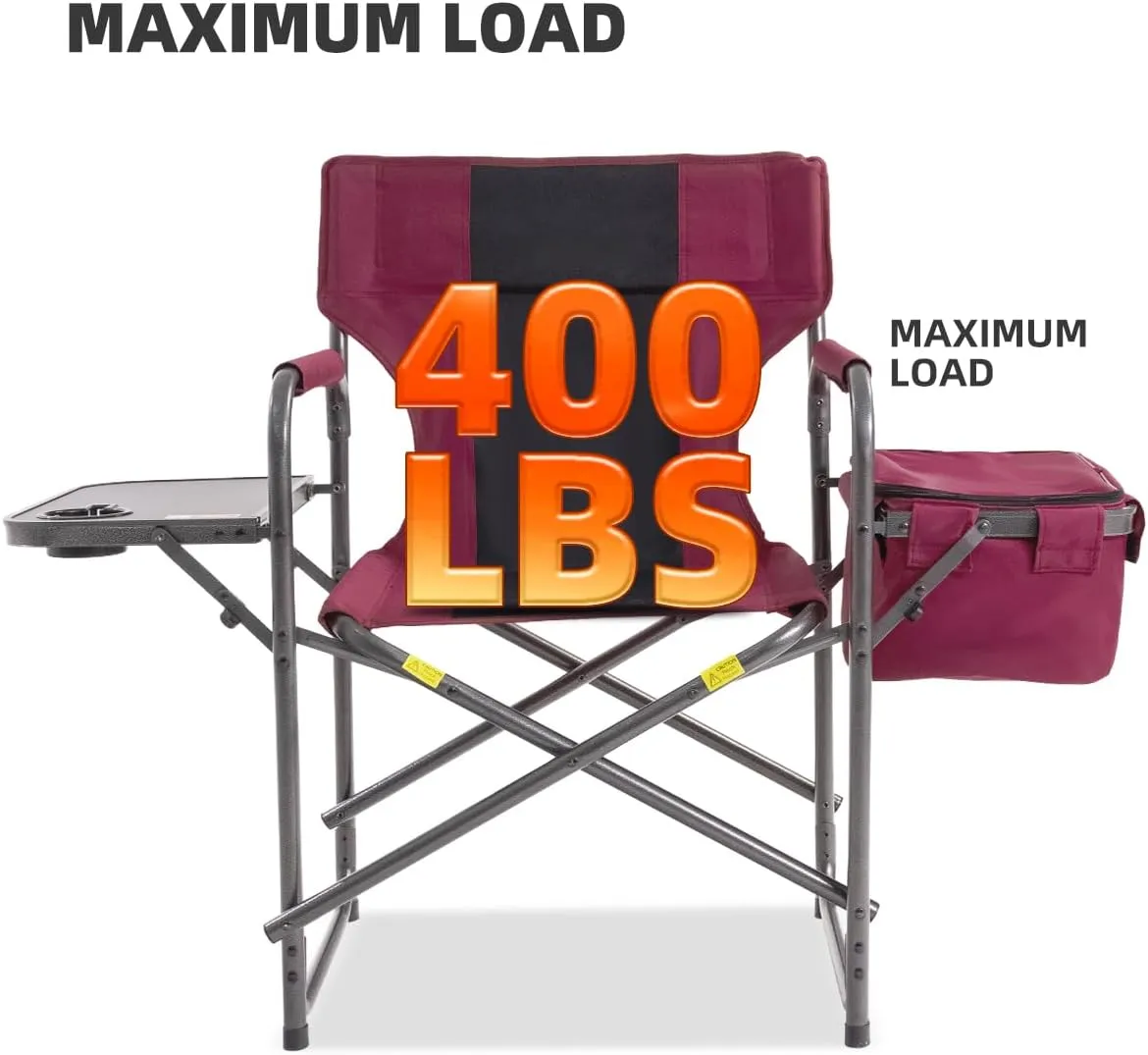 Director Camping Chair with Cooler Bag & Foldable Side Tray - 400lbs Heavy Duty Outdoor Folding Lawn Chair, Portable Camp Chair for Backyard, Fishing, Beach (Red)