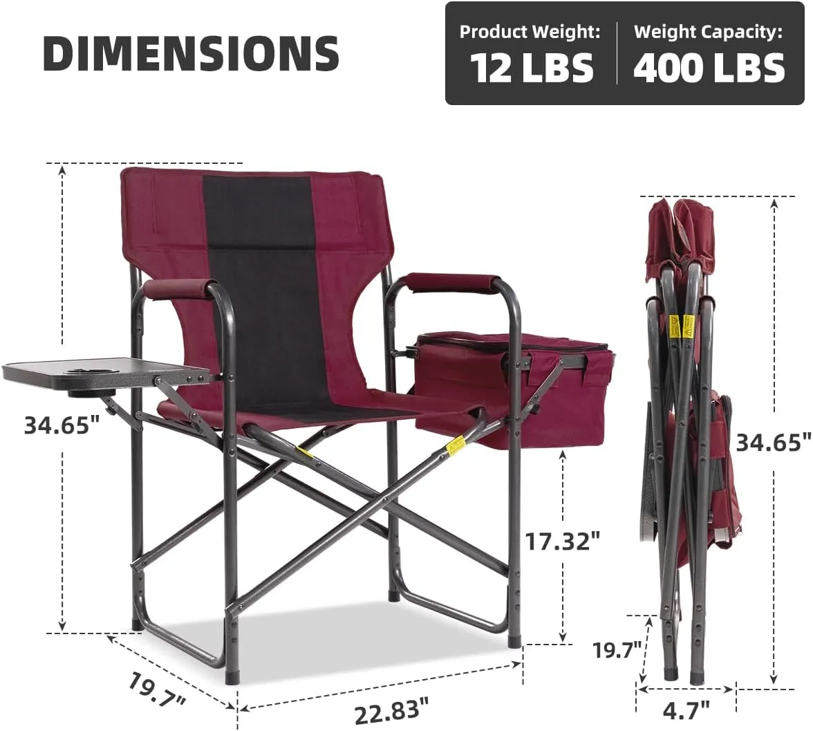Director Camping Chair with Cooler Bag & Foldable Side Tray - 400lbs Heavy Duty Outdoor Folding Lawn Chair, Portable Camp Chair for Backyard, Fishing, Beach (Red)