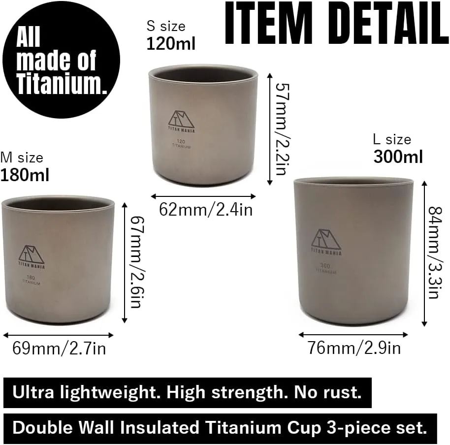 Double Wall Insulated Titanium Cup 3-piece set(120 180 300ml), Mug, Ultra Lightweight, Sturdy, Outdoor Gear, Camping Equipment