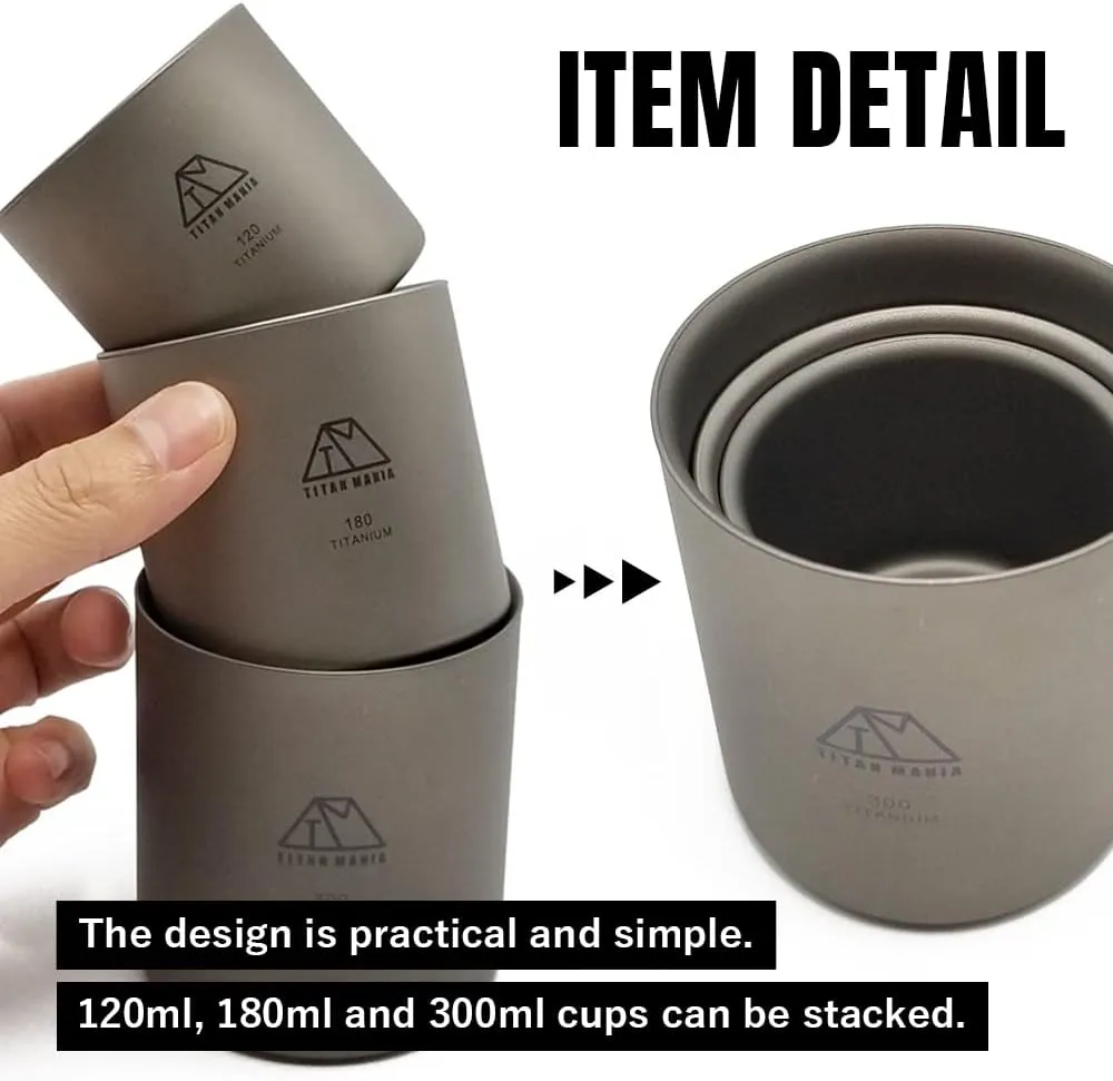 Double Wall Insulated Titanium Cup 3-piece set(120 180 300ml), Mug, Ultra Lightweight, Sturdy, Outdoor Gear, Camping Equipment