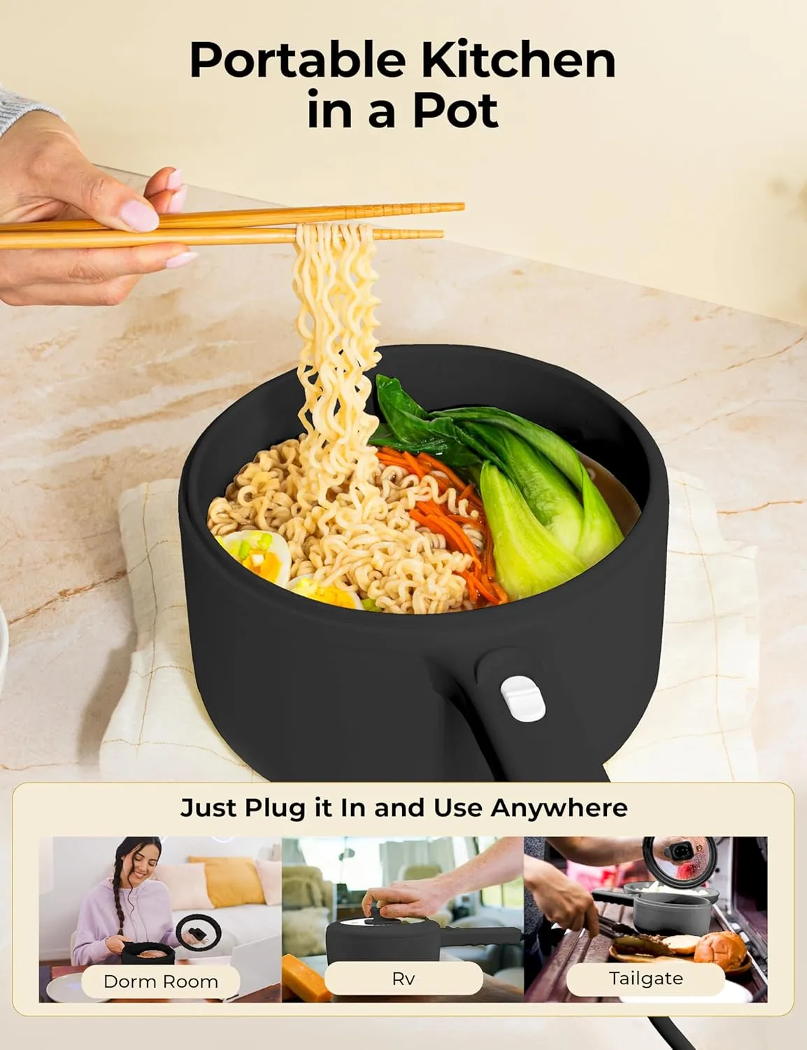 Electric Hot Pot with Lid and Steamer, 1.5L Ceramic Hot Pot Electric Skillet, Ramen Cooker, Portable Nonstick Hotpot Pot Electric Cooker Frying Pan for Dorm Room Essentials, Camping, RVs, Work
