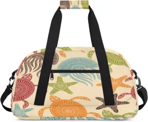 Ethnic Jellyfish Gym Duffel Bag for Men Women Turtles Starfish Sports Tote Bag with Adjustable Shoulder Strap for Dance Gymnastics Traveling Outdoor Camping Overnight Stay