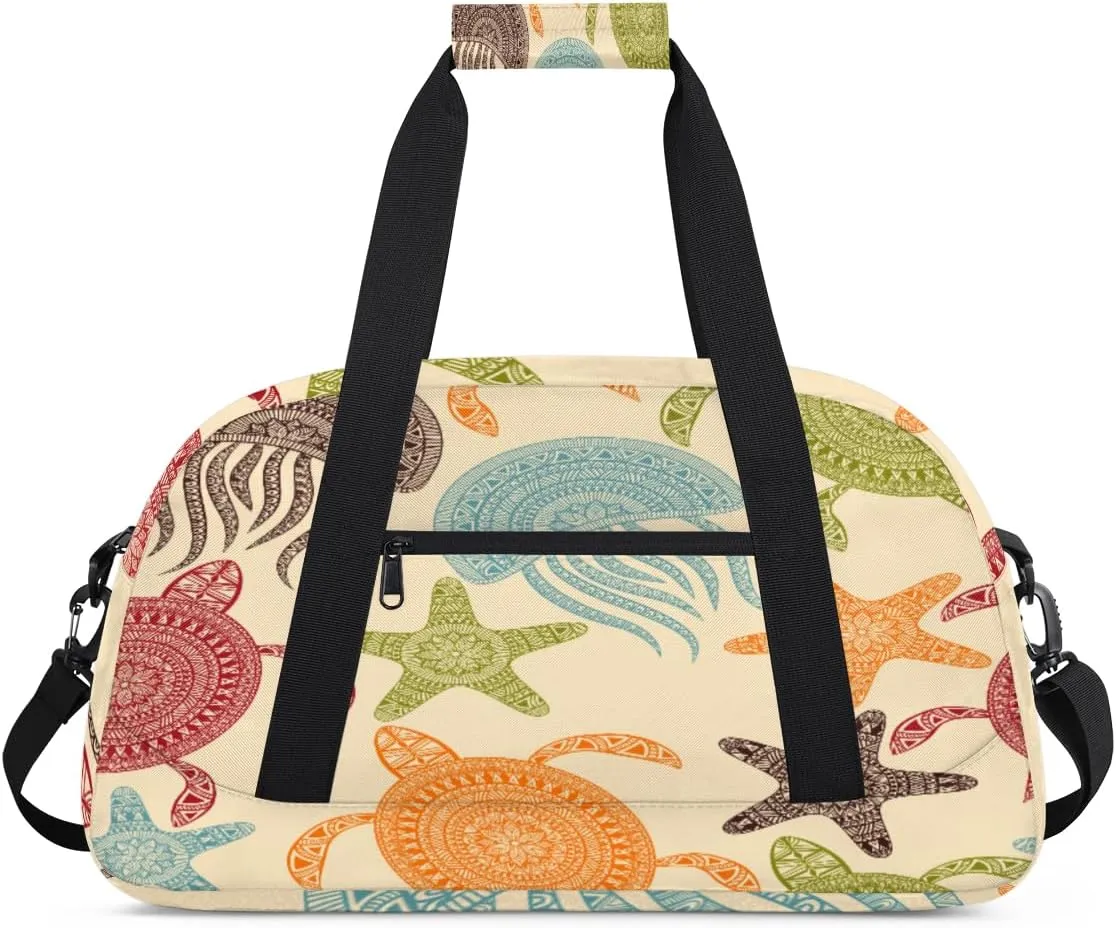 Ethnic Jellyfish Gym Duffel Bag for Men Women Turtles Starfish Sports Tote Bag with Adjustable Shoulder Strap for Dance Gymnastics Traveling Outdoor Camping Overnight Stay