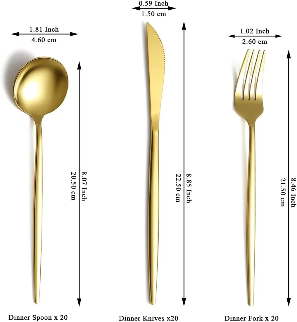 Evanda Gold Silverware Set 60 Piece Service for 20, Titanium Gold Plated Stainless Steel Flatware Set, Knives Forks Spoons Cutlery Set for Wedding, Parties, Birthday, Restauroom, Dishwasher Safe