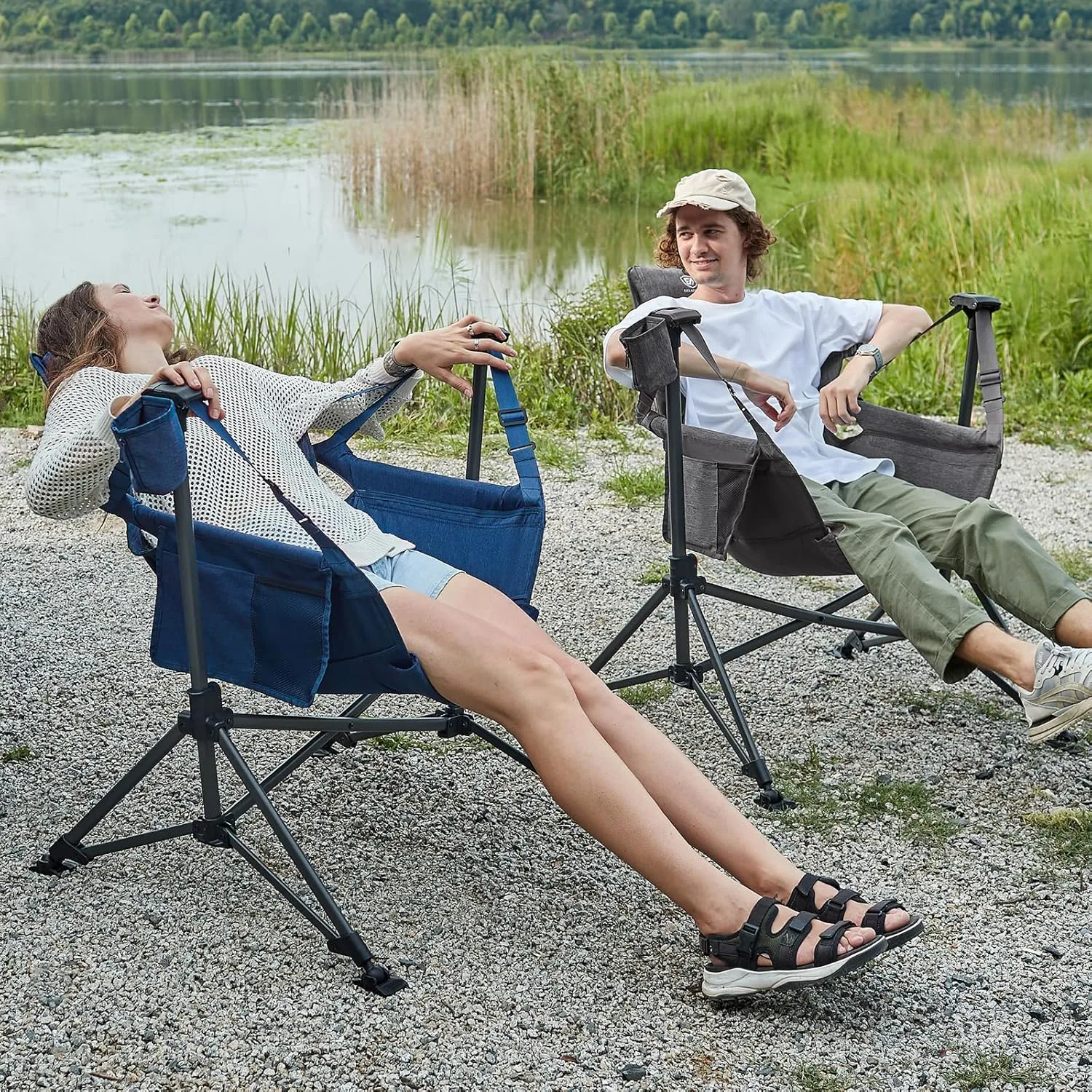 EVER ADVANCED Padded Hammock Camping Chair, Oversized Heavy Duty Swing Chair with Detachable Cup Holder, Portable Folding Rocking Camping Chair for Outdoor&Indoor, Support Up to 400lbs, Grey