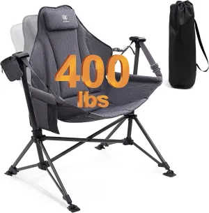 EVER ADVANCED Padded Hammock Camping Chair, Oversized Heavy Duty Swing Chair with Detachable Cup Holder, Portable Folding Rocking Camping Chair for Outdoor&Indoor, Support Up to 400lbs, Grey