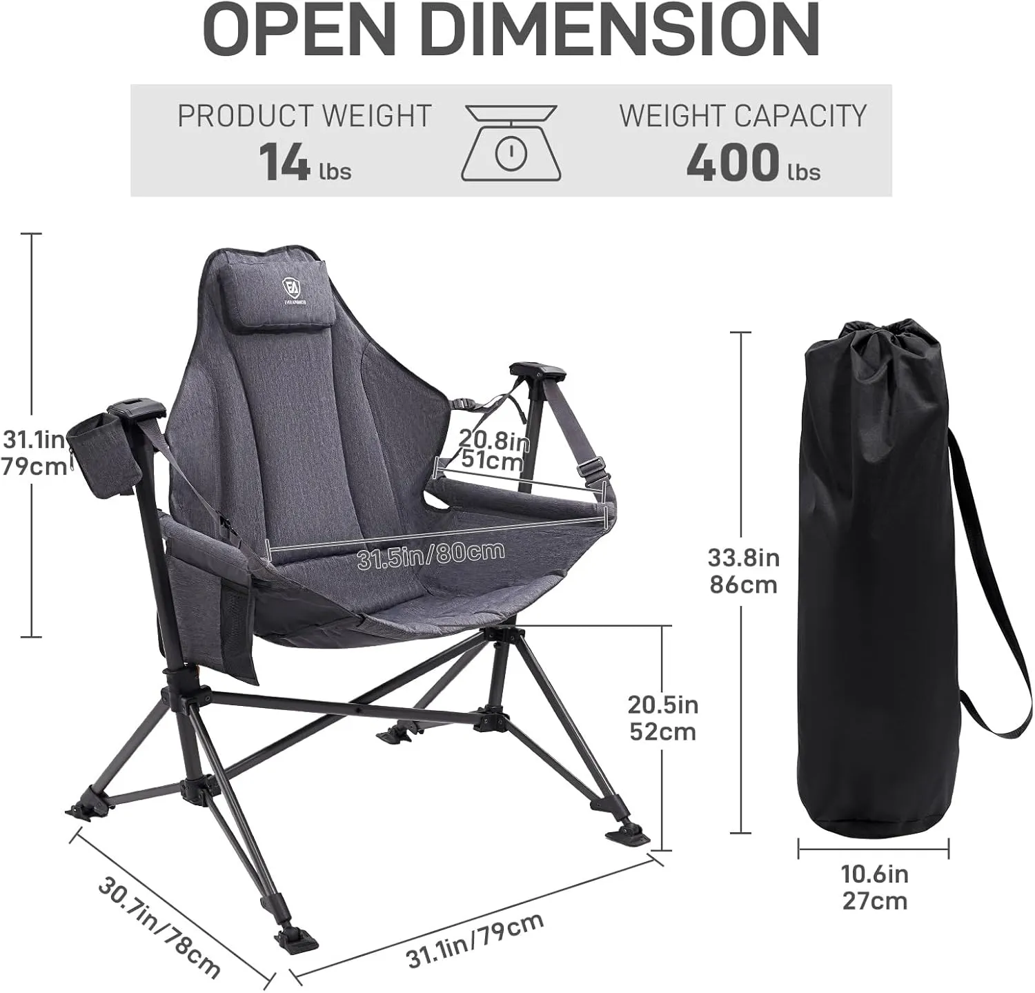 EVER ADVANCED Padded Hammock Camping Chair, Oversized Heavy Duty Swing Chair with Detachable Cup Holder, Portable Folding Rocking Camping Chair, Support Up to 400lbs