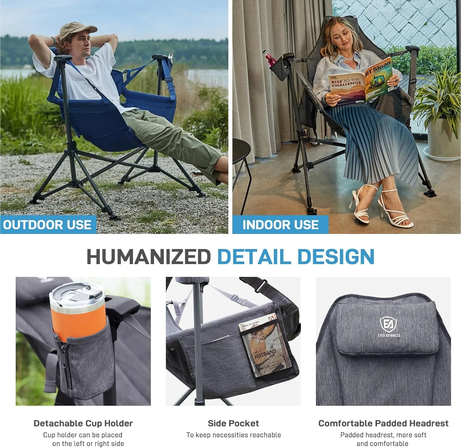 EVER ADVANCED Padded Hammock Camping Chair, Oversized Heavy Duty Swing Chair with Detachable Cup Holder, Portable Folding Rocking Camping Chair, Support Up to 400lbs