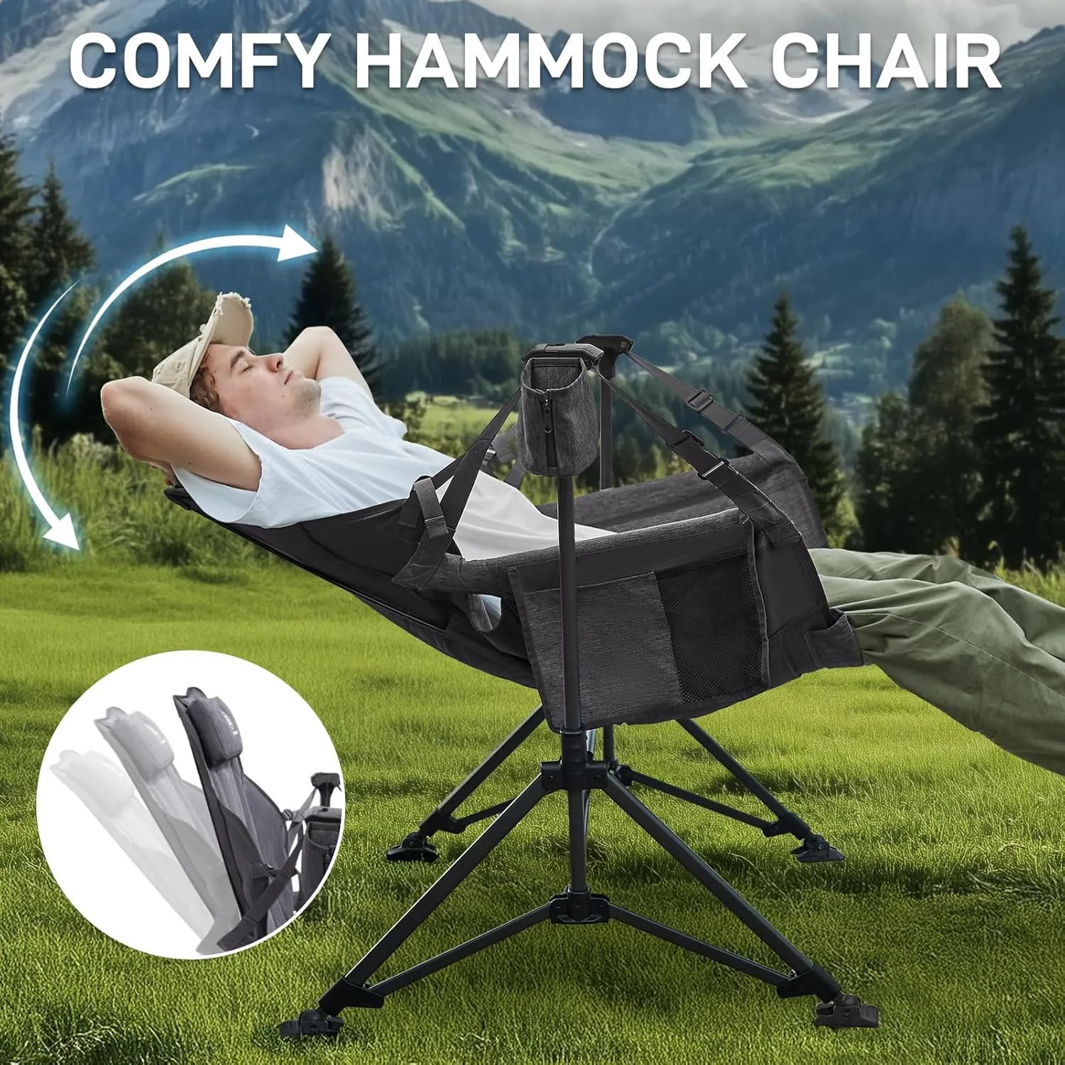 EVER ADVANCED Padded Hammock Camping Chair, Oversized Heavy Duty Swing Chair with Detachable Cup Holder, Portable Folding Rocking Camping Chair, Support Up to 400lbs