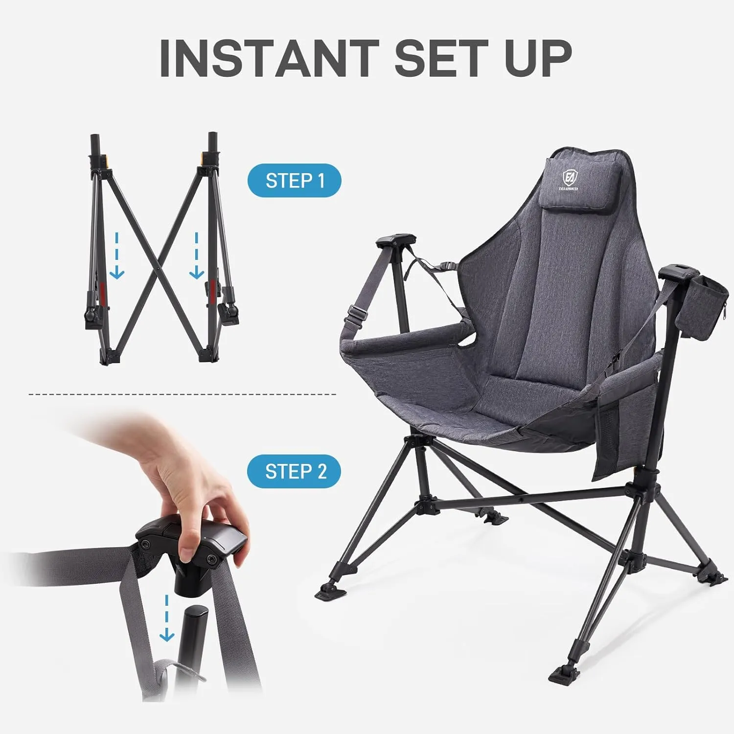 EVER ADVANCED Padded Hammock Camping Chair, Oversized Heavy Duty Swing Chair with Detachable Cup Holder, Portable Folding Rocking Camping Chair, Support Up to 400lbs