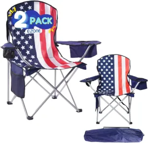 EZONE Set of 2 Camping Chairs with Built-in Ice Cooler, Portable Chair, Storage Pocket, Cup Holder, and Carry Bag Perfect for Camping, Tailgating, Fishing, Beach, and Lawn (2, Flag)