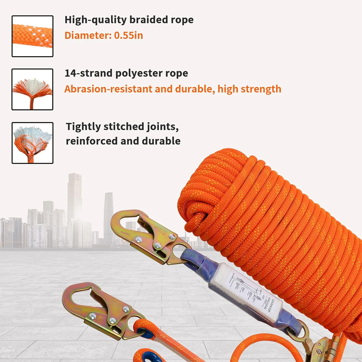 Fall Protection Safety Rope 150ft Heavy Duty Vertical Roofing Grab Snap Hook Shock Absorber Fall Protection Line Kit Restraint System Roofing Safety Equipment（150ft）