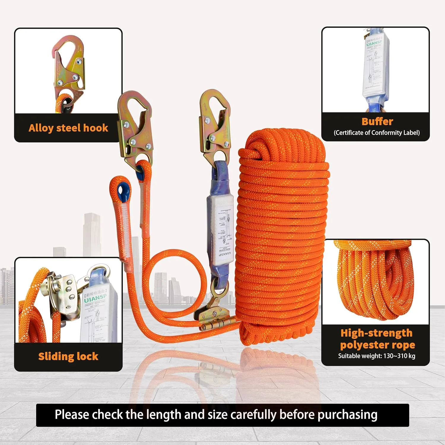 Fall Protection Safety Rope 150ft Heavy Duty Vertical Roofing Grab Snap Hook Shock Absorber Fall Protection Line Kit Restraint System Roofing Safety Equipment（150ft）