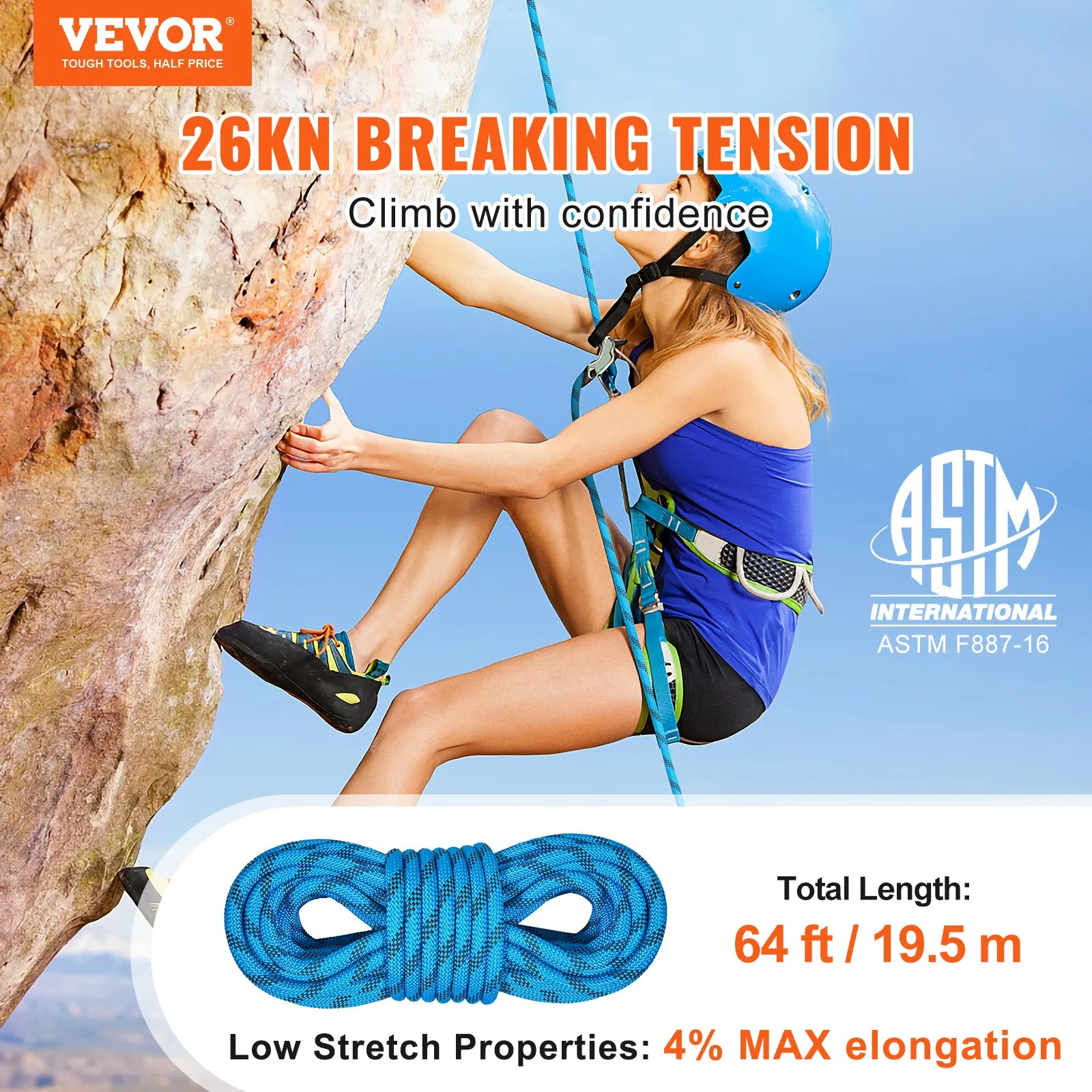 (FINAL PRICES ARE LOWER ON OUR SITE!) VEVOR Static Climbing Rope, 64 ft Outdoor Rock Climbing Rope with 26KN Breaking Tension, 0.4'' /10mm High Strength Safety Rope, Escape Rope with 2pcs Carabiner and Storage Bag