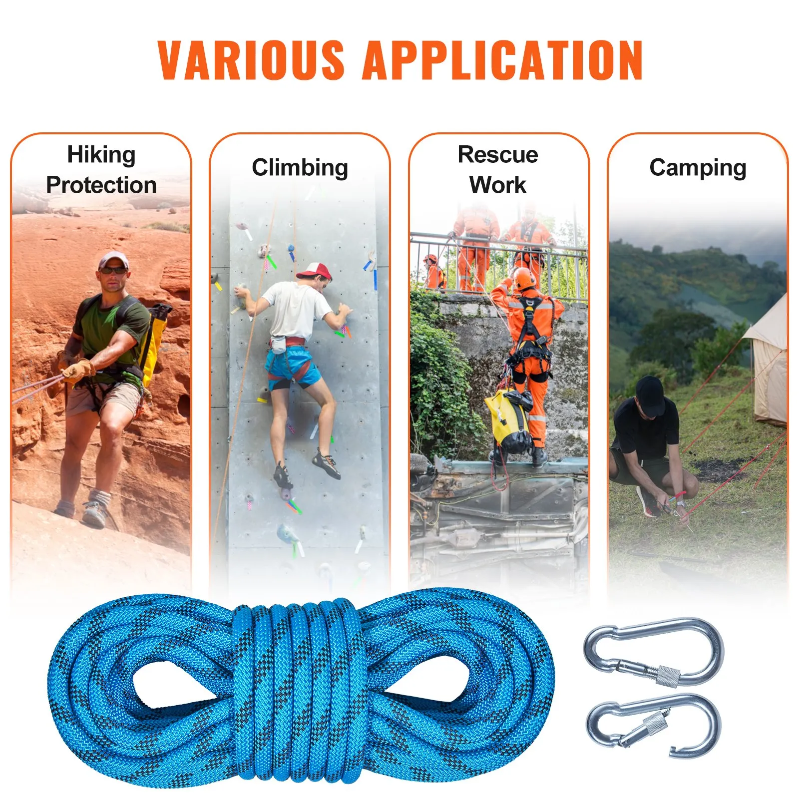 (FINAL PRICES ARE LOWER ON OUR SITE!) VEVOR Static Climbing Rope, 96 ft Outdoor Rock Climbing Rope with 26KN Breaking Tension, 0.4'' /10mm High Strength Safety Rope, Escape Rope with 2pcs Carabiner and Storage Bag