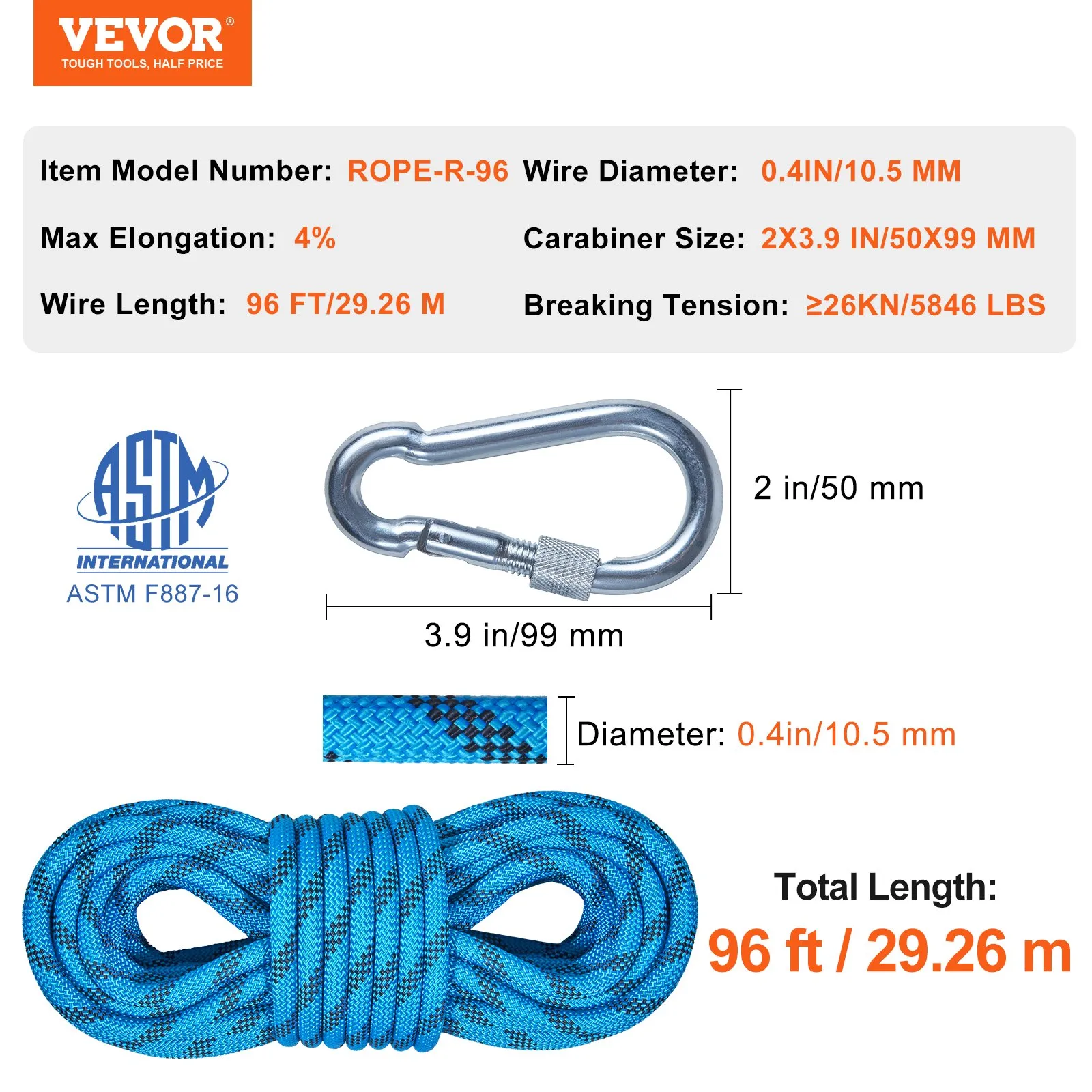 (FINAL PRICES ARE LOWER ON OUR SITE!) VEVOR Static Climbing Rope, 96 ft Outdoor Rock Climbing Rope with 26KN Breaking Tension, 0.4'' /10mm High Strength Safety Rope, Escape Rope with 2pcs Carabiner and Storage Bag