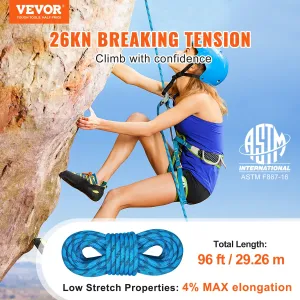 (FINAL PRICES ARE LOWER ON OUR SITE!) VEVOR Static Climbing Rope, 96 ft Outdoor Rock Climbing Rope with 26KN Breaking Tension, 0.4'' /10mm High Strength Safety Rope, Escape Rope with 2pcs Carabiner and Storage Bag