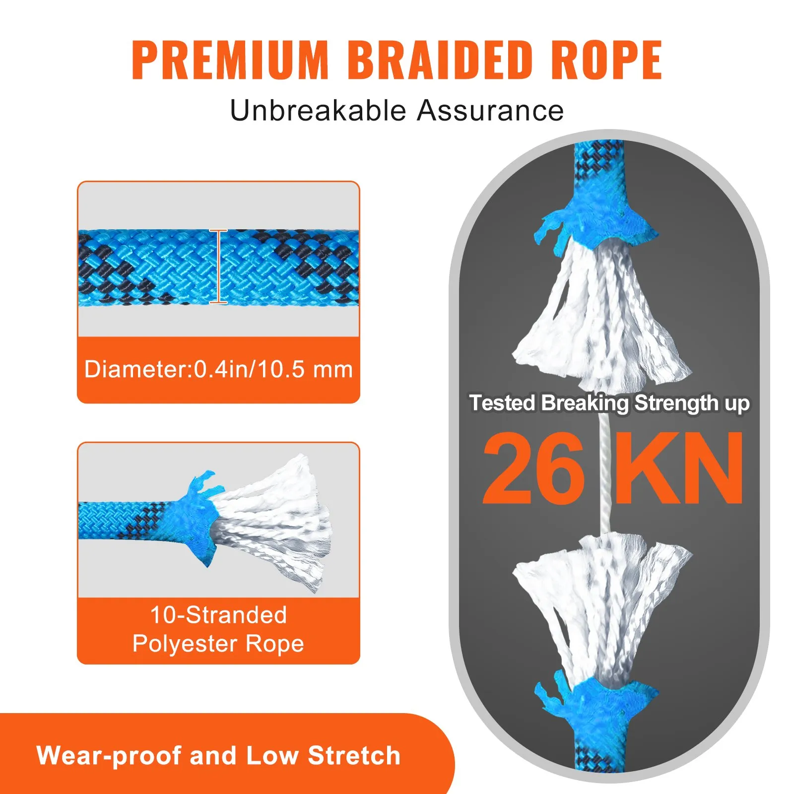 (FINAL PRICES ARE LOWER ON OUR SITE!) VEVOR Static Climbing Rope, 96 ft Outdoor Rock Climbing Rope with 26KN Breaking Tension, 0.4'' /10mm High Strength Safety Rope, Escape Rope with 2pcs Carabiner and Storage Bag