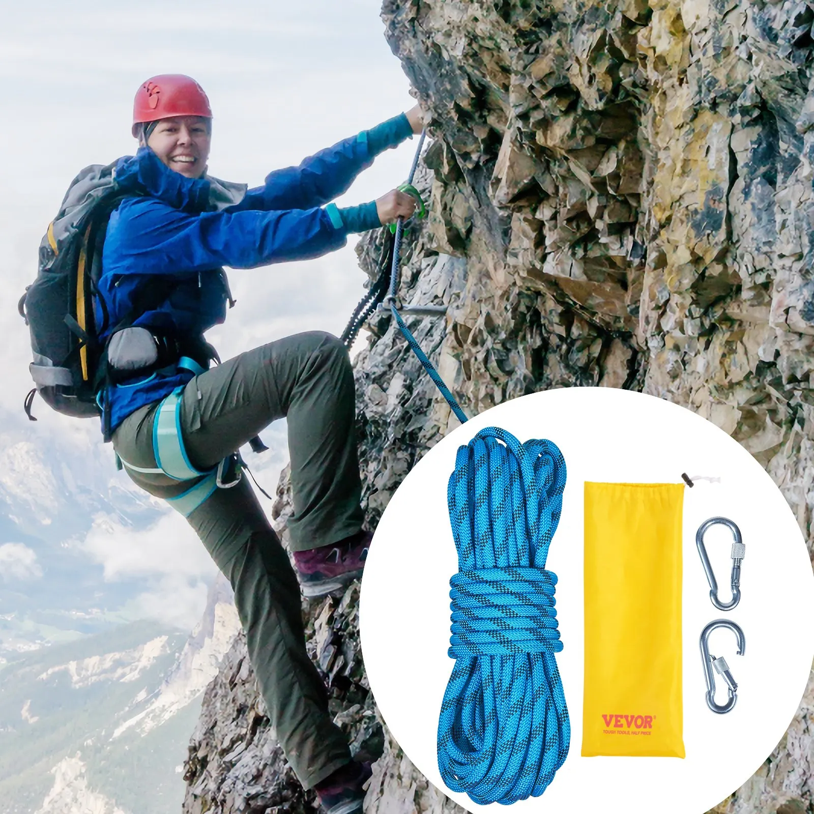 (FINAL PRICES ARE LOWER ON OUR SITE!) VEVOR Static Climbing Rope, 96 ft Outdoor Rock Climbing Rope with 26KN Breaking Tension, 0.4'' /10mm High Strength Safety Rope, Escape Rope with 2pcs Carabiner and Storage Bag