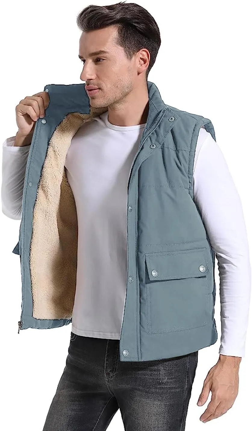 Flygo Men's Winter Warm Outdoor Padded Puffer Vest Thick Fleece Lined Sleeveless Jacket