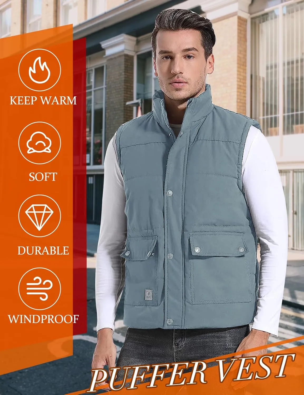 Flygo Men's Winter Warm Outdoor Padded Puffer Vest Thick Fleece Lined Sleeveless Jacket