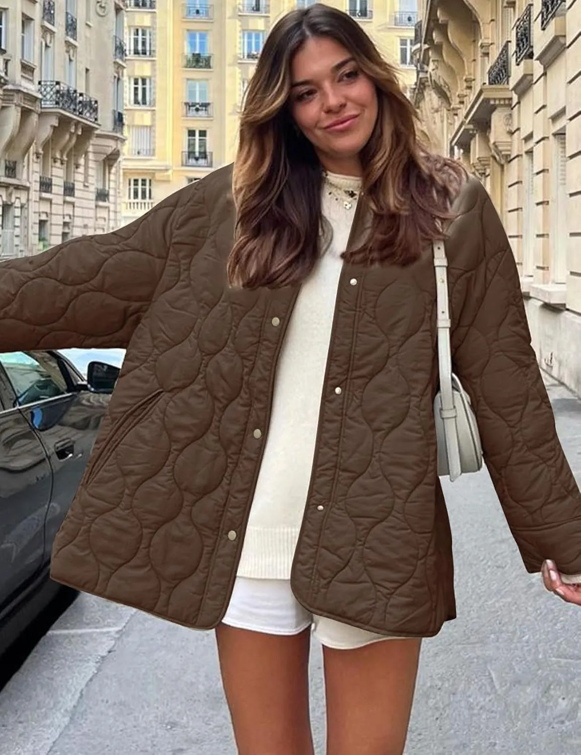 Flygo Women's Oversized Quilted Lightweight Jacket Button Down Puffer Padded Outerwear with Pocket