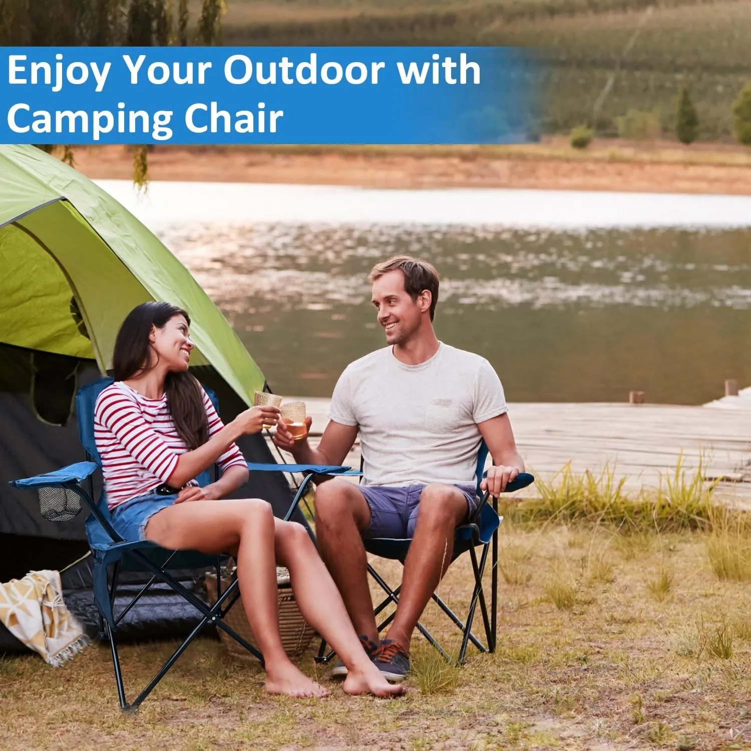 Foldable Camping Chair with Cup Holder, Storage Pocket, 225lbs Capacity, Wide Base Feet for Sand/Mud, Sweatproof Portable Outdoor Chair for Hiking, Beach, Sports, Cyan