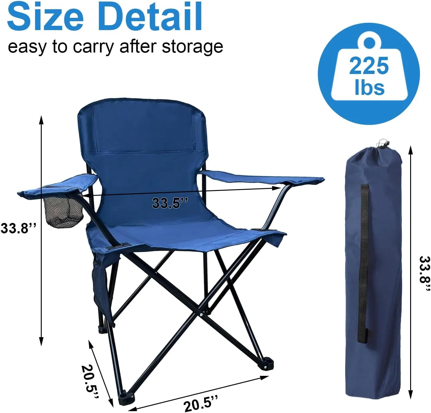 Foldable Camping Chair with Cup Holder, Storage Pocket, 225lbs Capacity, Wide Base Feet for Sand/Mud, Sweatproof Portable Outdoor Chair for Hiking, Beach, Sports, Cyan