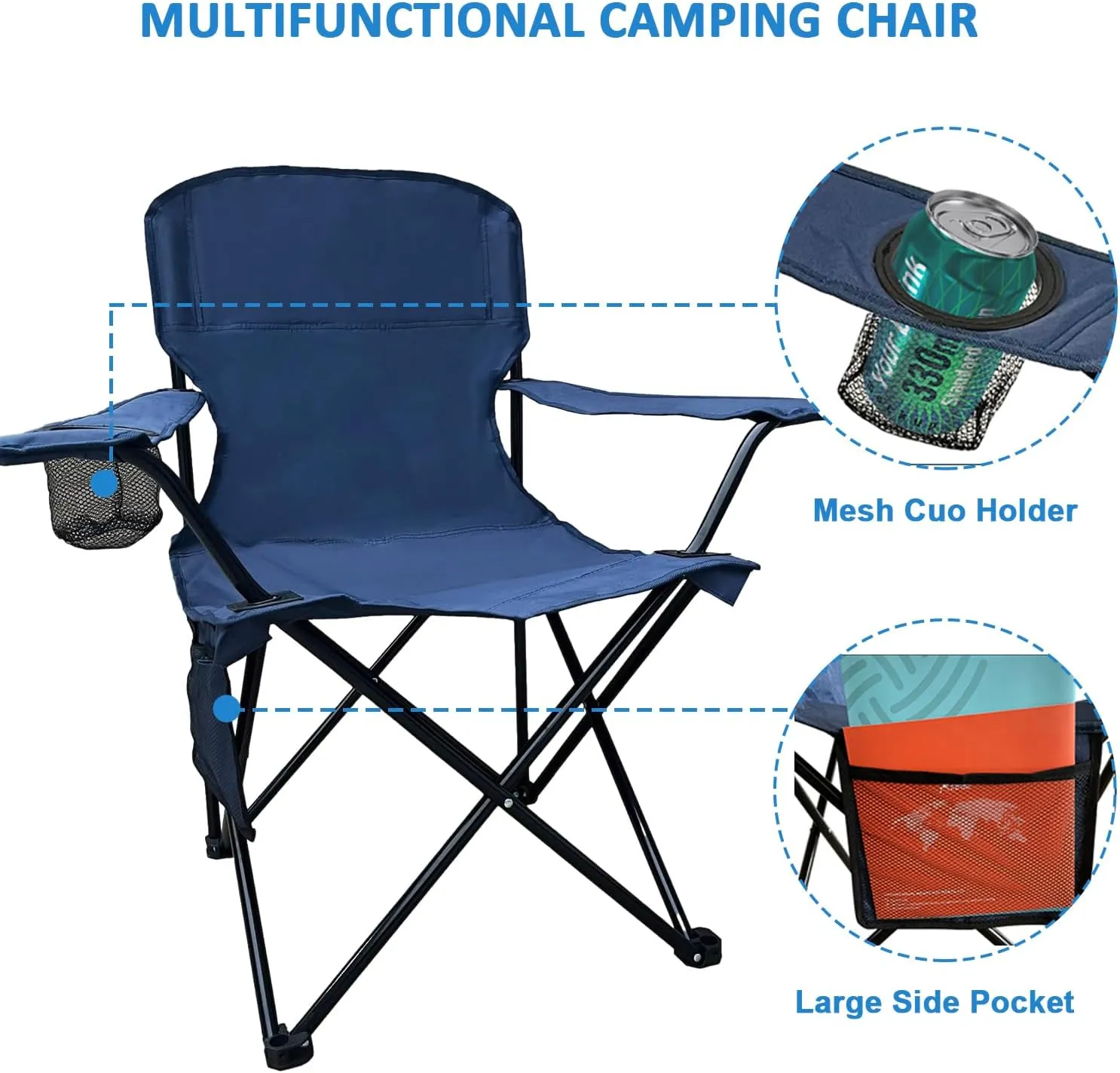 Foldable Camping Chair with Cup Holder, Storage Pocket, 225lbs Capacity, Wide Base Feet for Sand/Mud, Sweatproof Portable Outdoor Chair for Hiking, Beach, Sports, Cyan