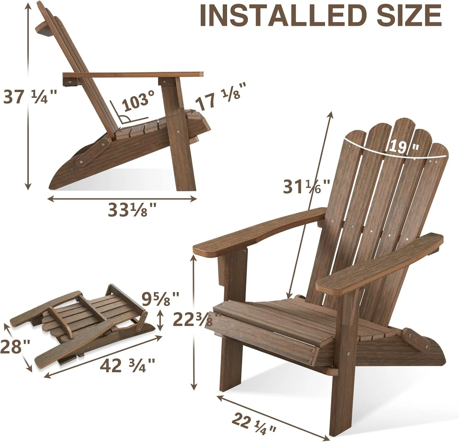 Folding Adirondack Chair, HDPE Adirondack Chairs, All-Weather Resistant Lawn Chairs,Patio Firepit Chairs for Garden- 15min Assembly 350 Lbs