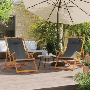 Folding Beach Chairs 2 pcs Gray Fabric,Adjustable Eucalyptus Wood Reclining Beach Chairs for Patio, Camping, and Beach Patio Furniture, Patio Chairs