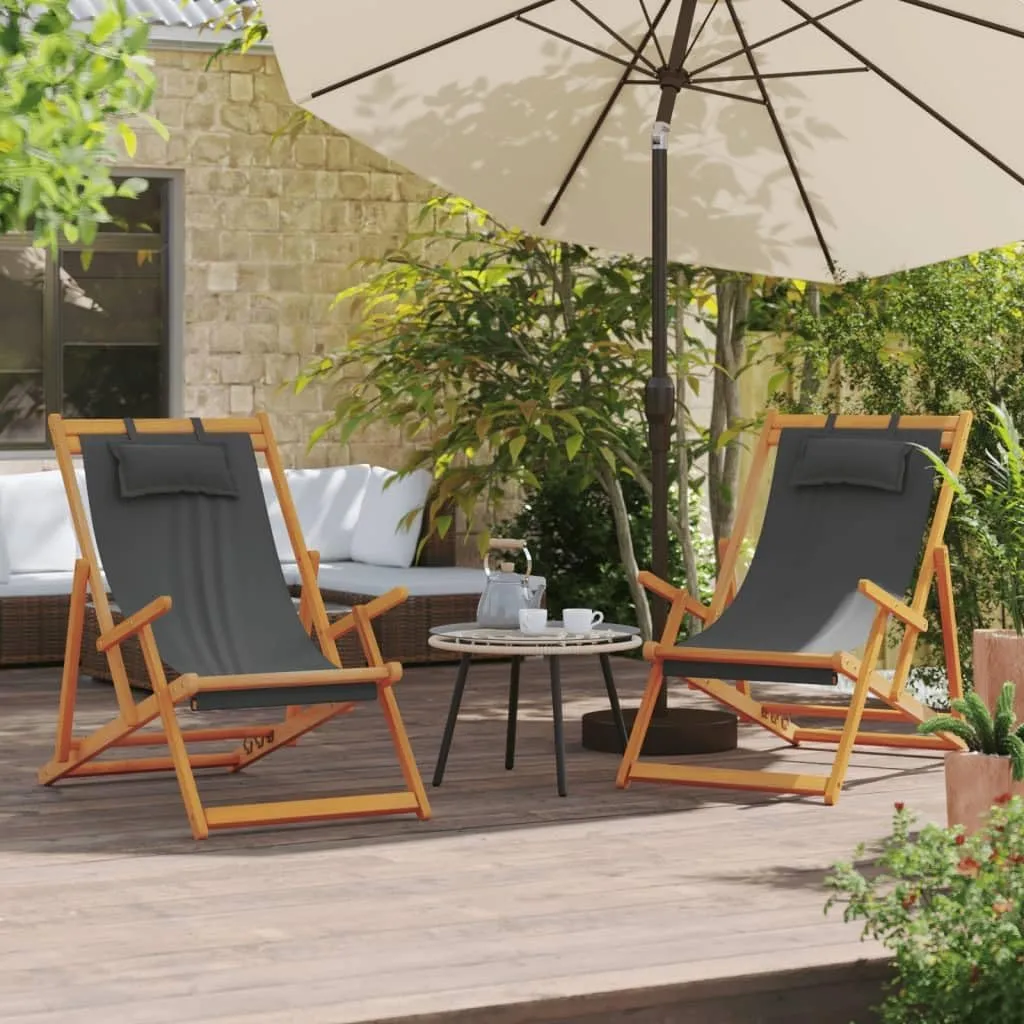 Folding Beach Chairs 2 pcs Gray Fabric,Adjustable Eucalyptus Wood Reclining Beach Chairs for Patio, Camping, and Beach Patio Furniture, Patio Chairs