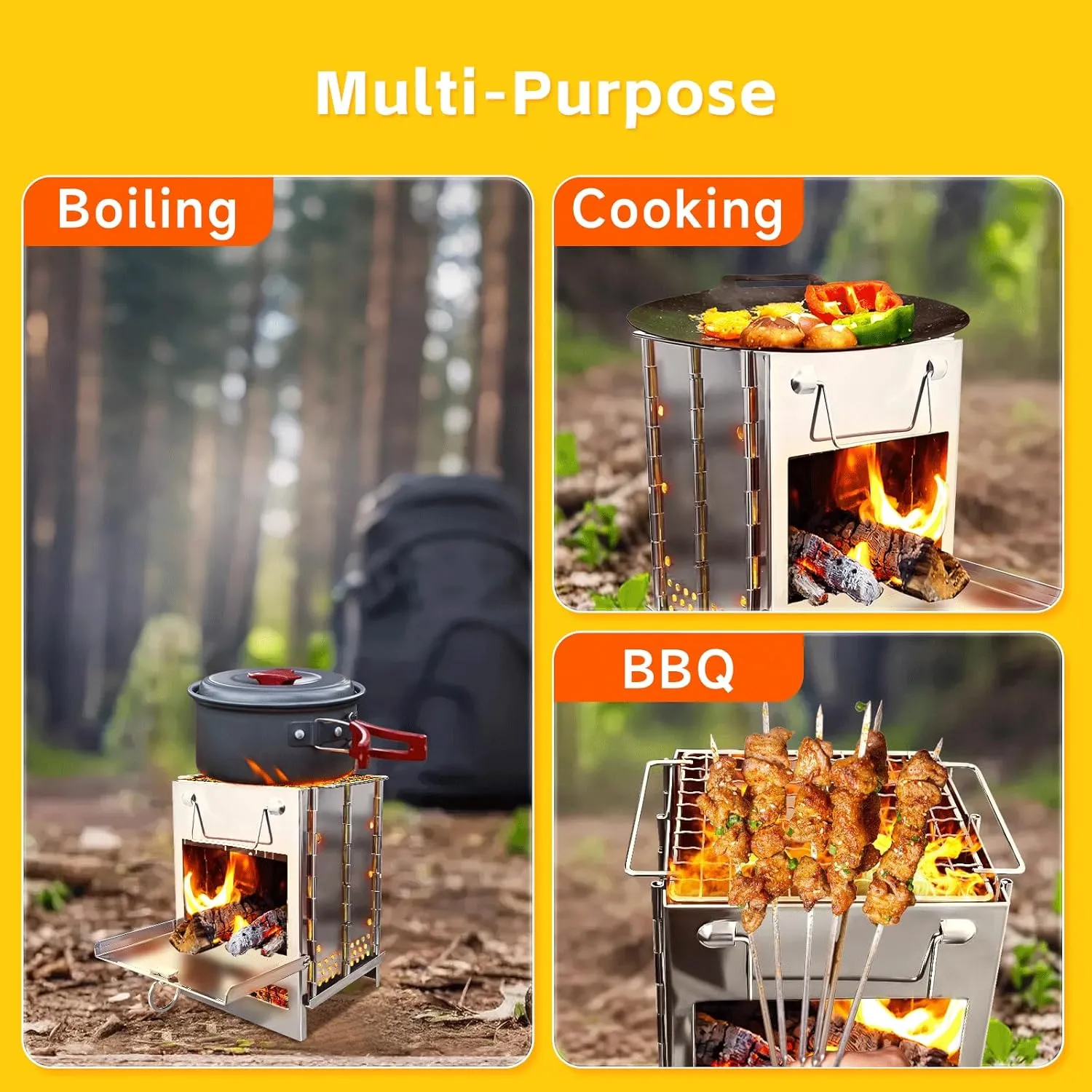 Folding Camping Stove & Grill, Portable Collapsible Backpacking Stove Stainless Steel Wood Burning Camping Stoves for Outdoor Cooking Hiking Survival Travel Picnic BBQ(6.3"x6.3"x8.7")