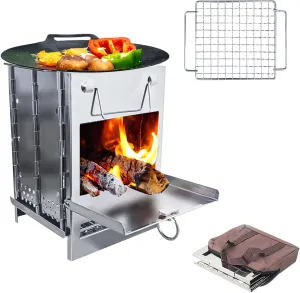 Folding Camping Stove & Grill, Portable Collapsible Backpacking Stove Stainless Steel Wood Burning Camping Stoves for Outdoor Cooking Hiking Survival Travel Picnic BBQ(6.3"x6.3"x8.7")