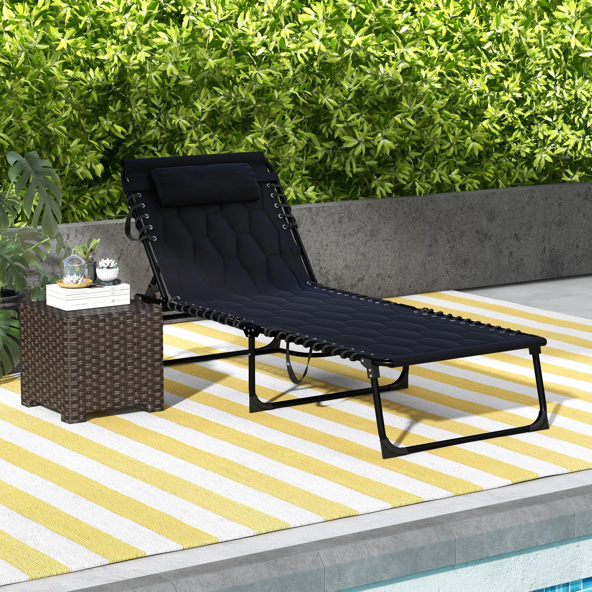 Folding Chaise Lounge Chair with 5-level Reclining Back, Black