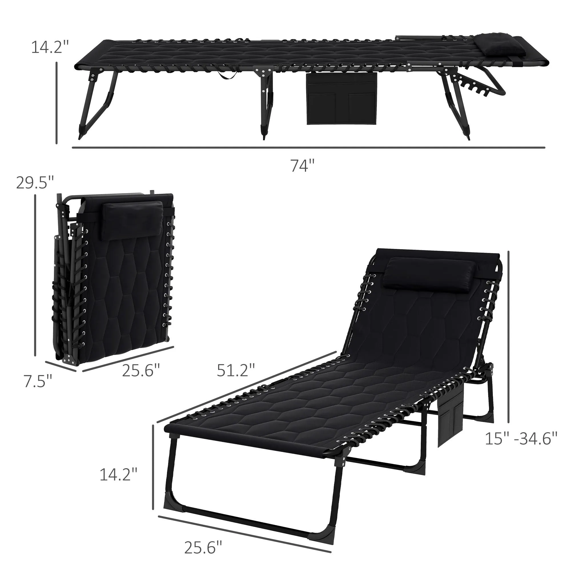 Folding Chaise Lounge Chair with 5-level Reclining Back, Black